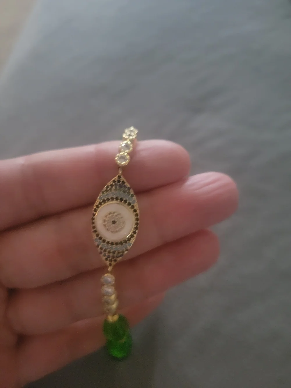 Natural Peridot Green Beaded Evil Eye Stretch Bracelet - Gold Accent
